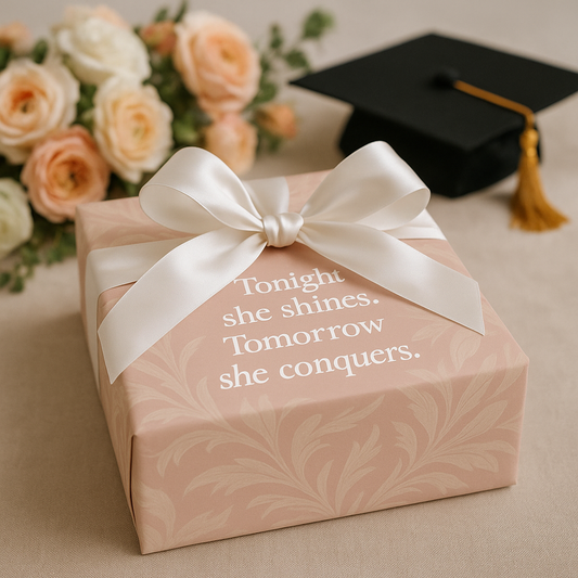 Абитуриентска кутия с надпис ‘Tonight she shines. Tomorrow she conquers’, украсена с бяла сатенена панделка – идеален подарък за абитуриентка