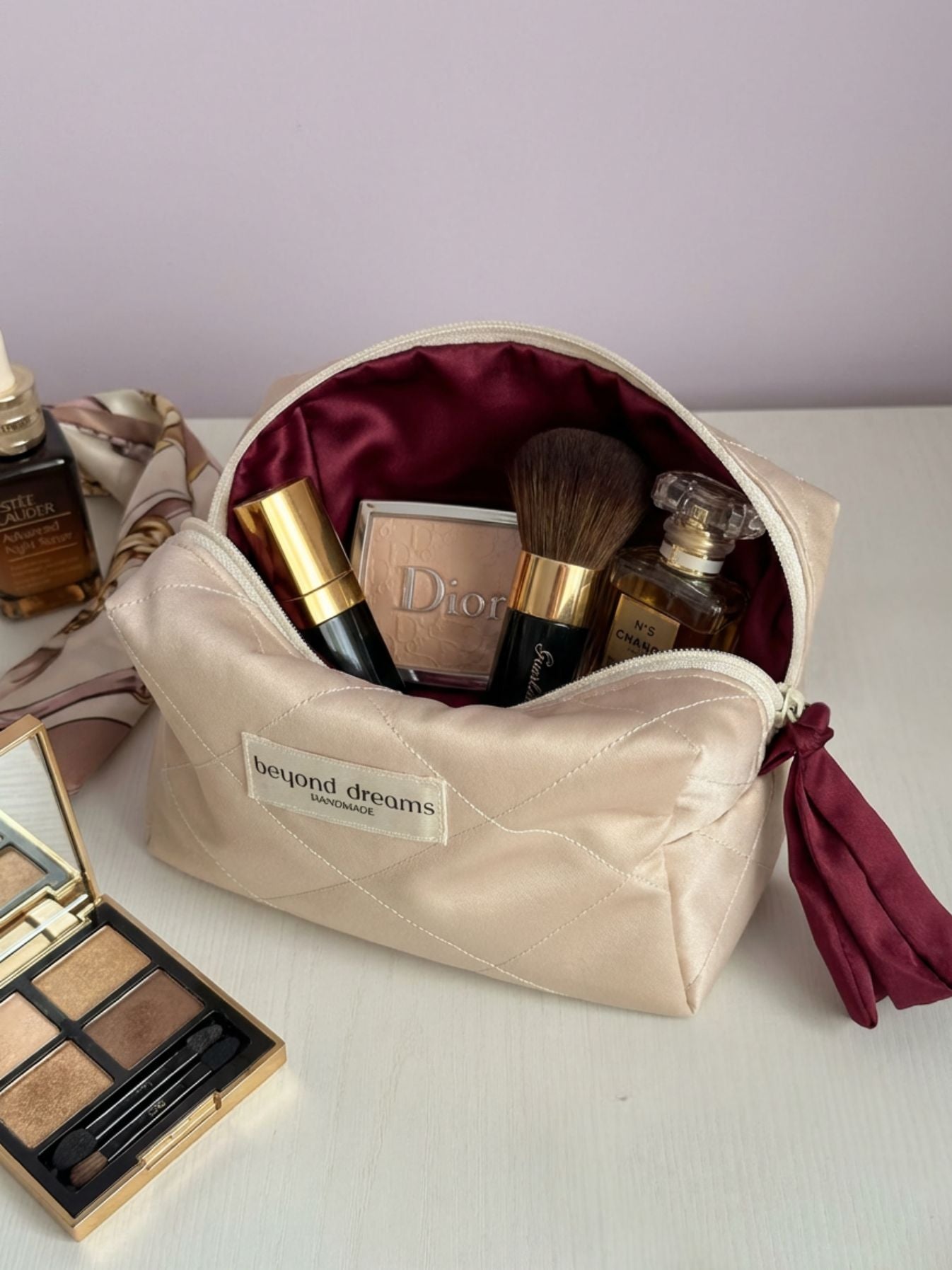 Satin Essentials Pouch Beige – сатенена козметична чантичка
